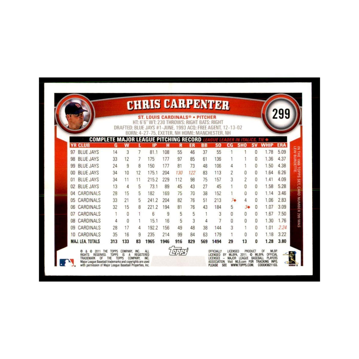 2011 Topps Chris Carpenter Baseball Cards #299