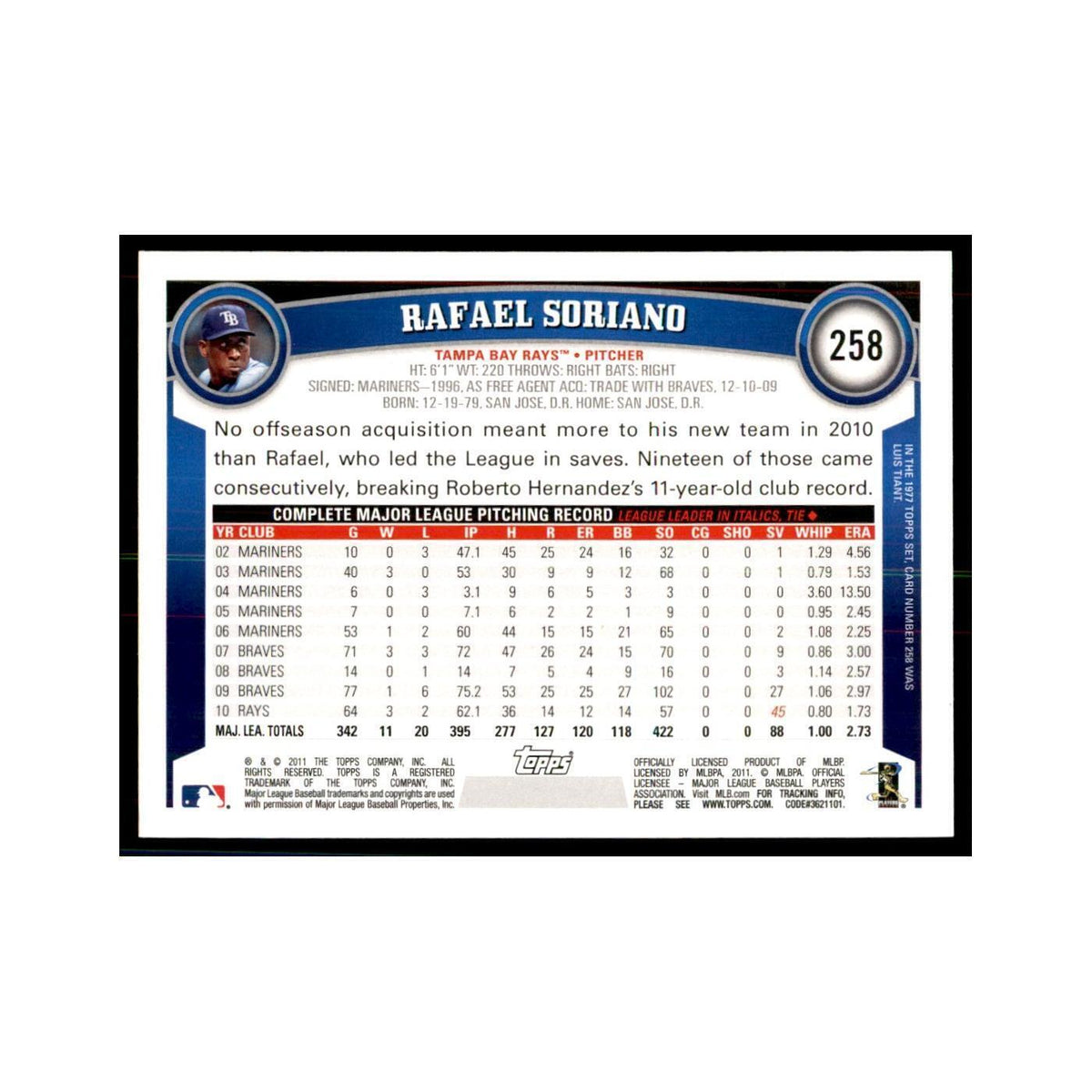 2011 Topps Rafael Soriano Baseball Cards #258