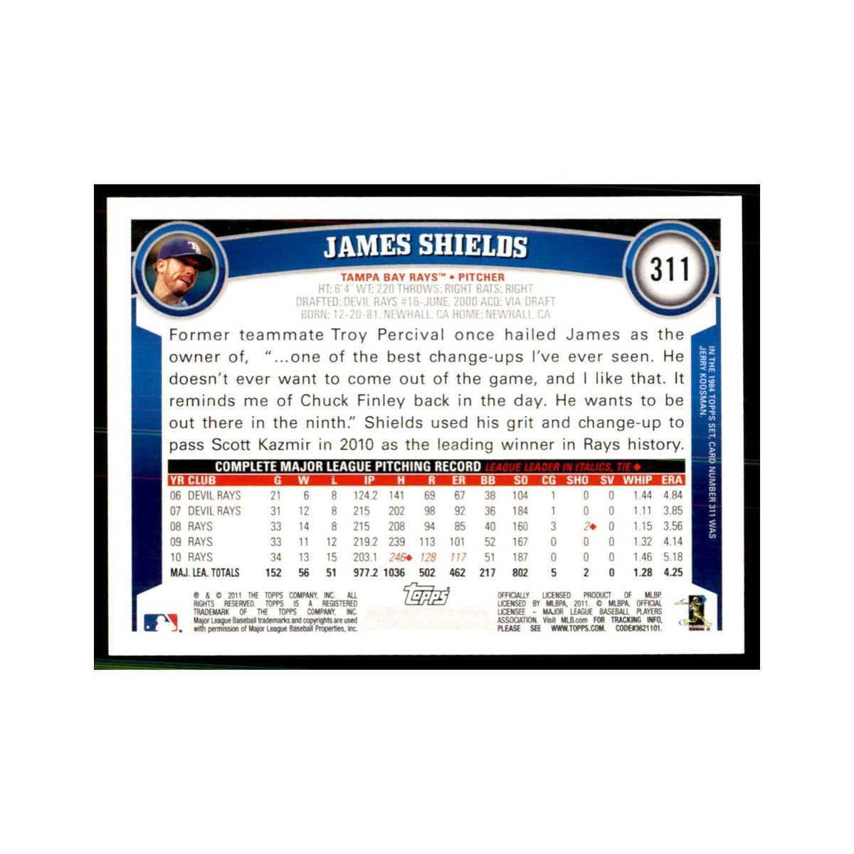 2011 Topps James Shields Baseball Cards #311