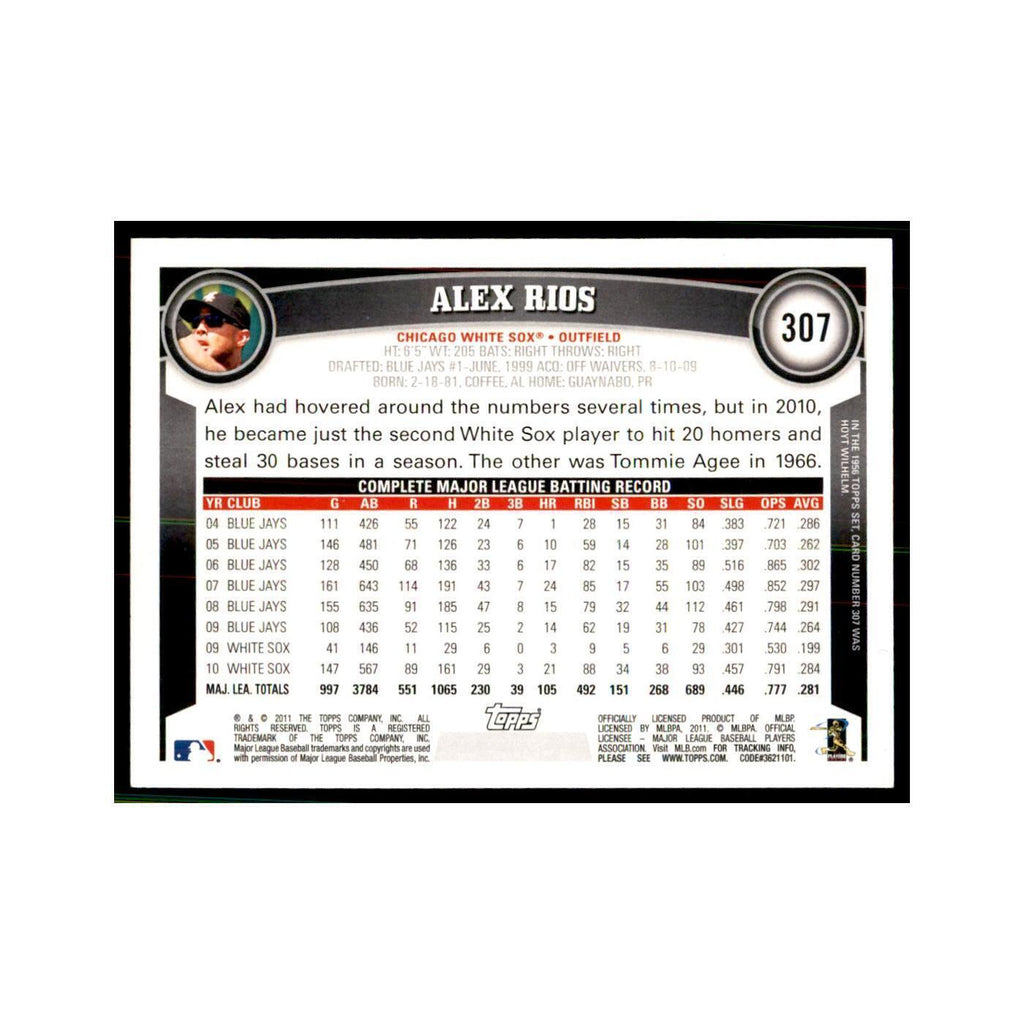 2011 Topps Alex Rios Baseball Cards #307