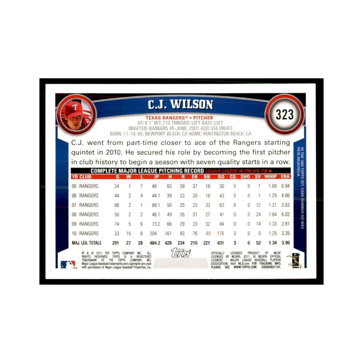 2011 Topps C.J. Wilson Baseball Cards #323