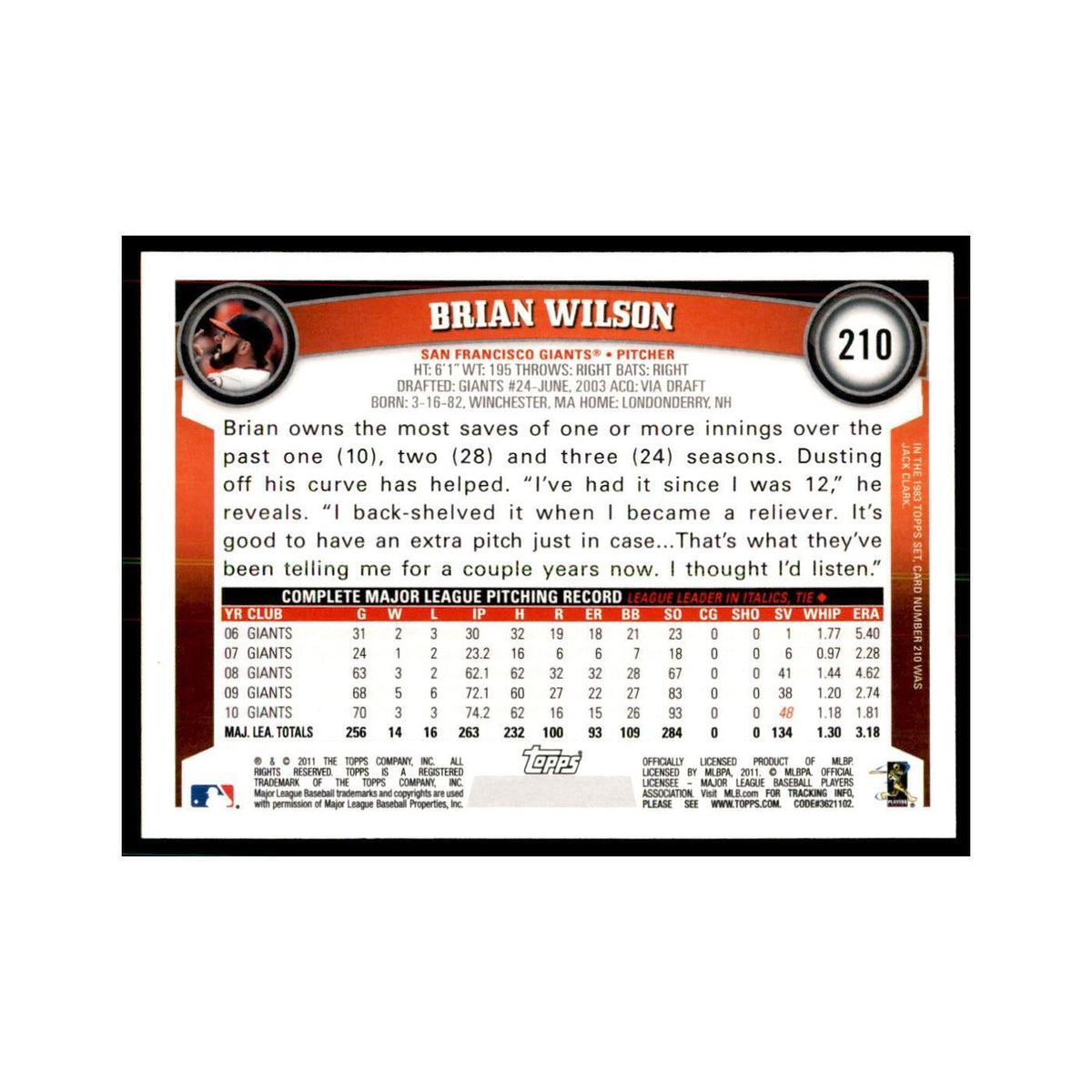 2011 Topps Brian Wilson Baseball Cards #210