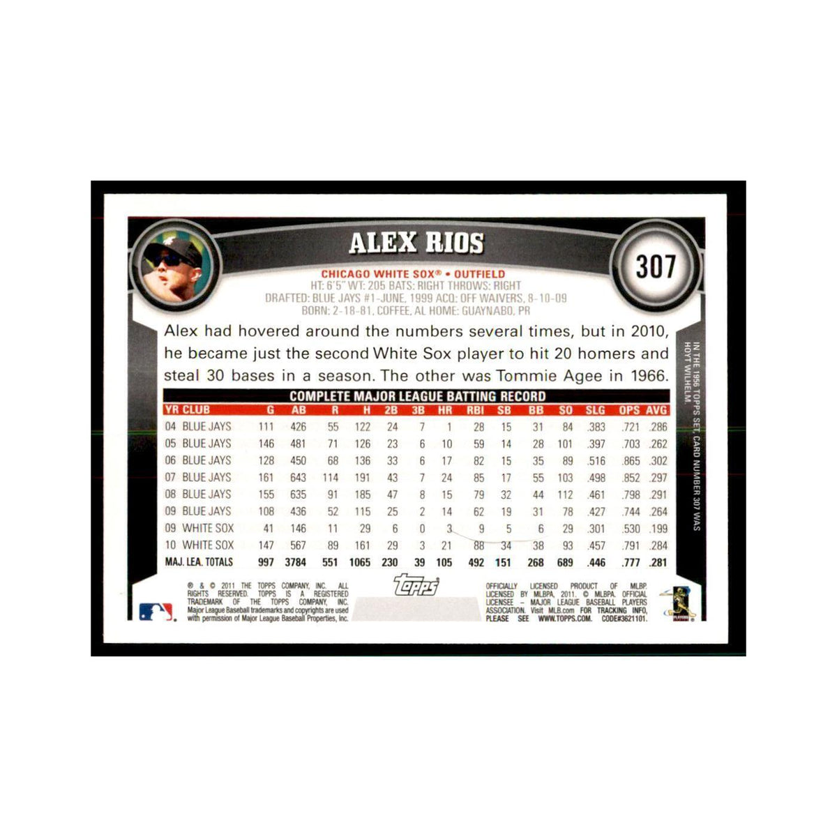 2011 Topps Alex Rios Baseball Cards #307