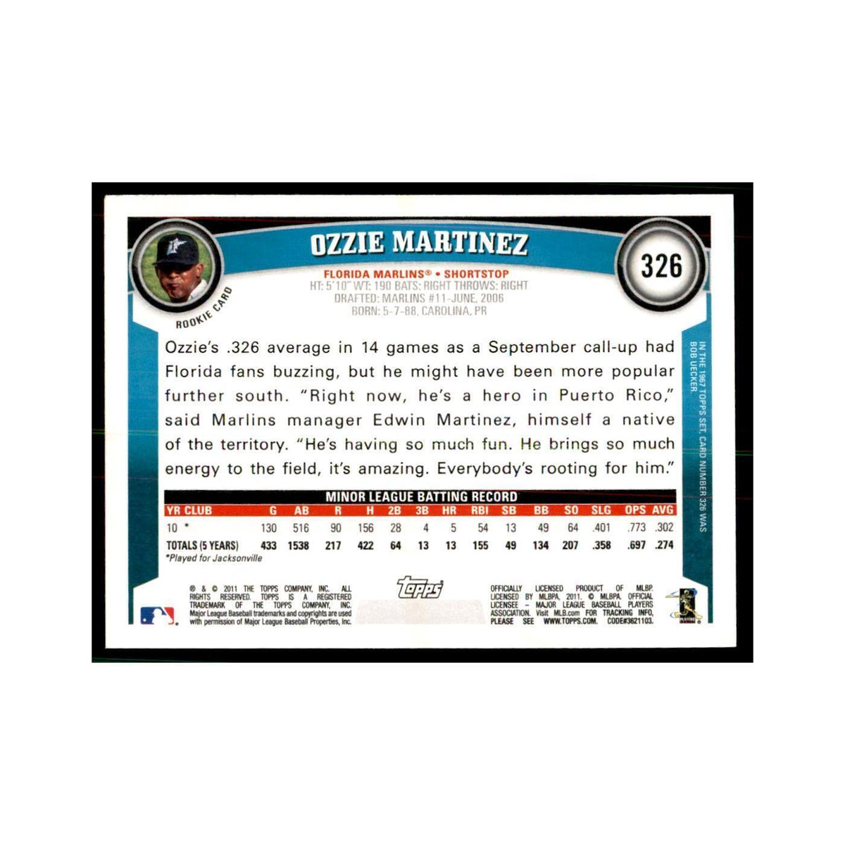 2011 Topps Ozzie Martinez Baseball Cards #326