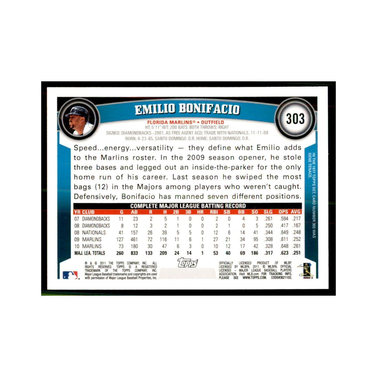 2011 Topps Emilio Bonifacio Baseball Cards #303