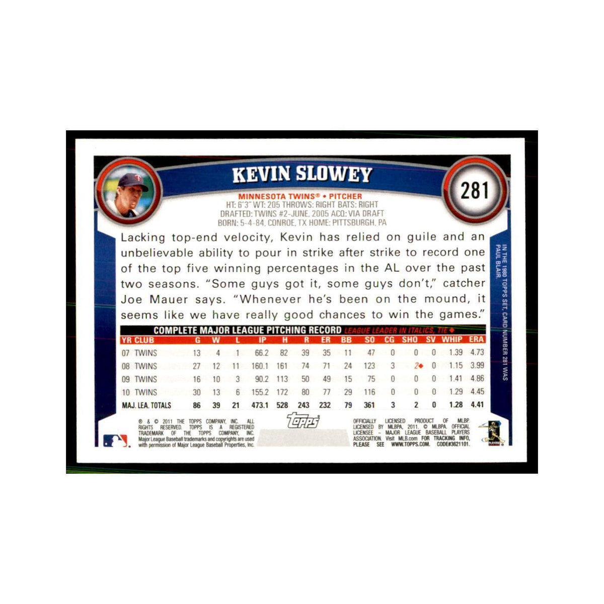 2011 Topps Kevin Slowey Baseball Cards #281