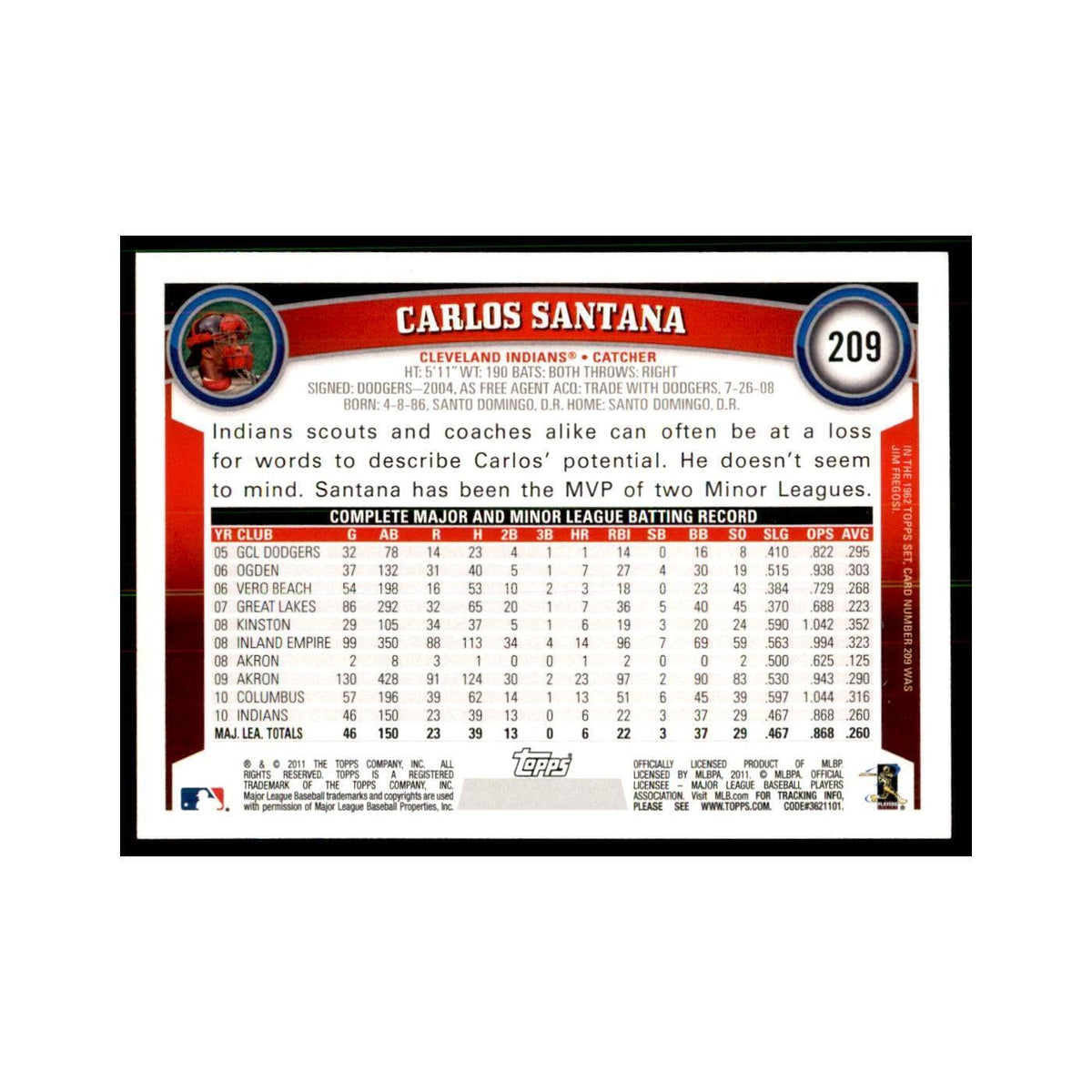2011 Topps Carlos Santana Baseball Cards #209