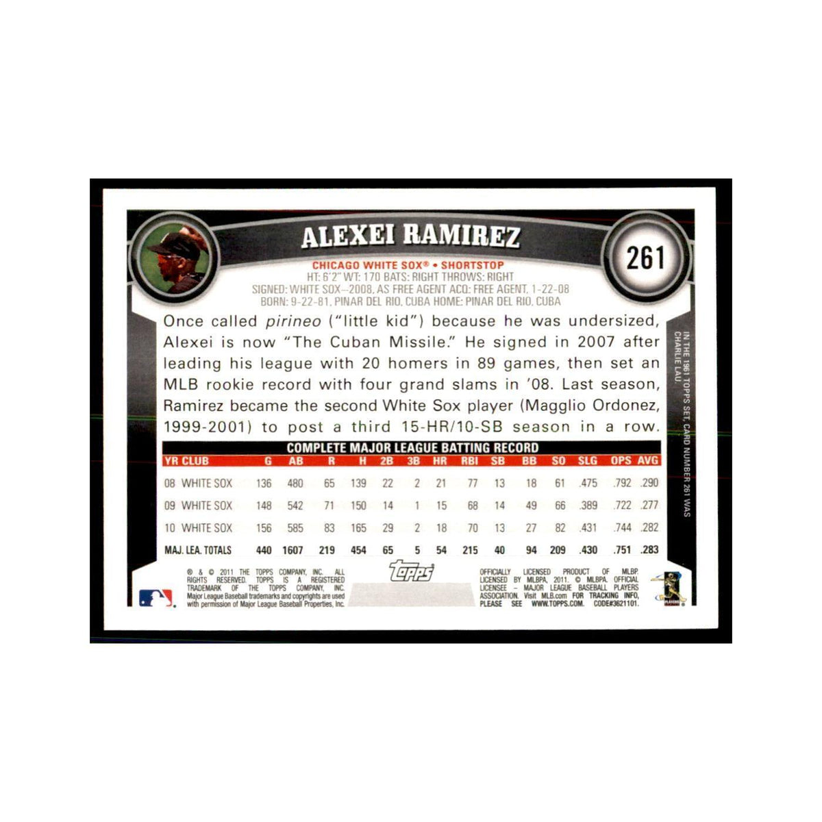 2011 Topps Alexei Ramirez Baseball Cards #261