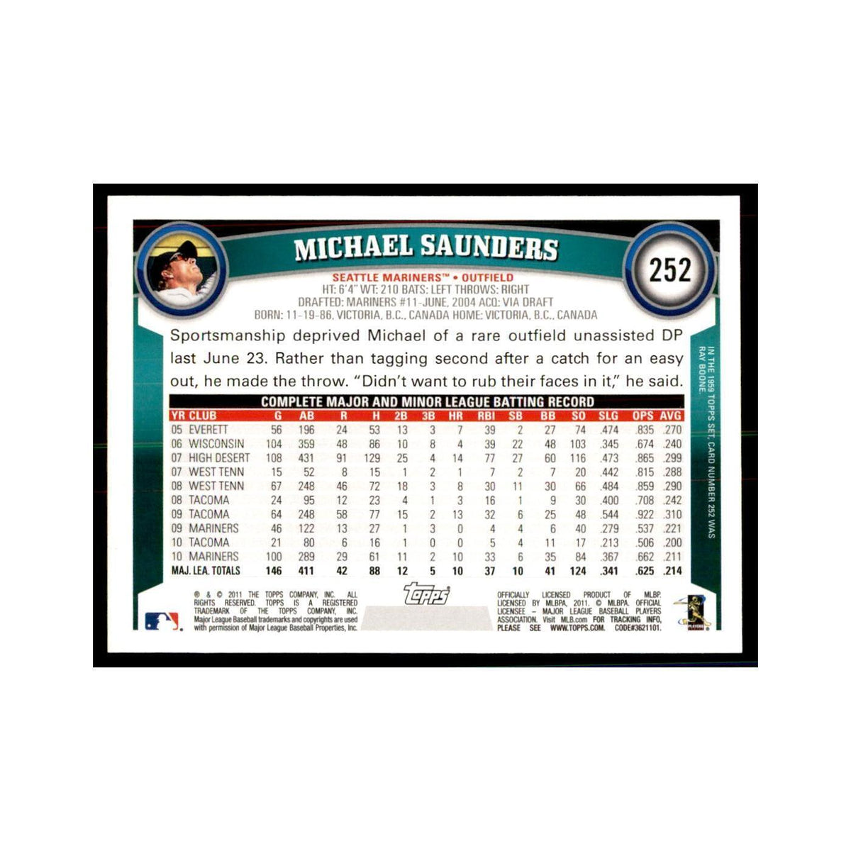 2011 Topps Michael Saunders Baseball Cards #252