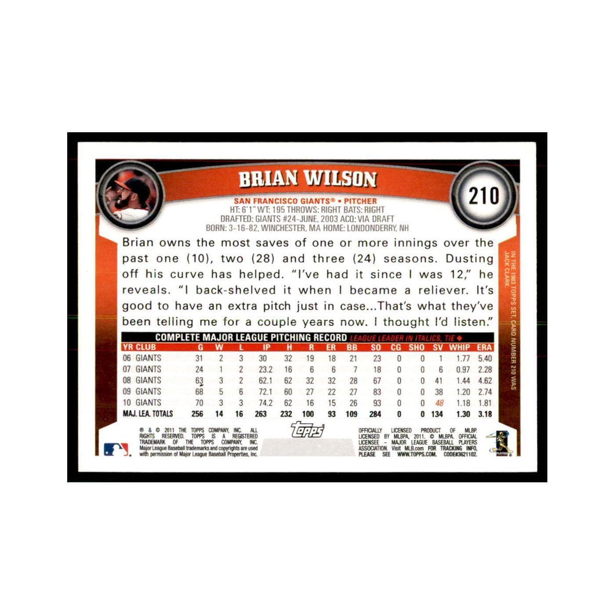 2011 Topps Brian Wilson Baseball Cards #210