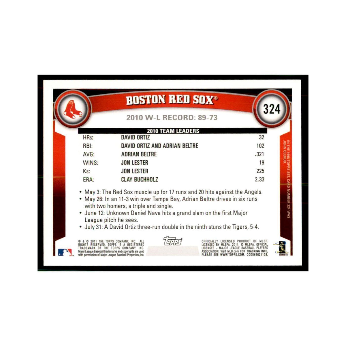 2011 Topps Boston Red Sox Baseball Cards #324