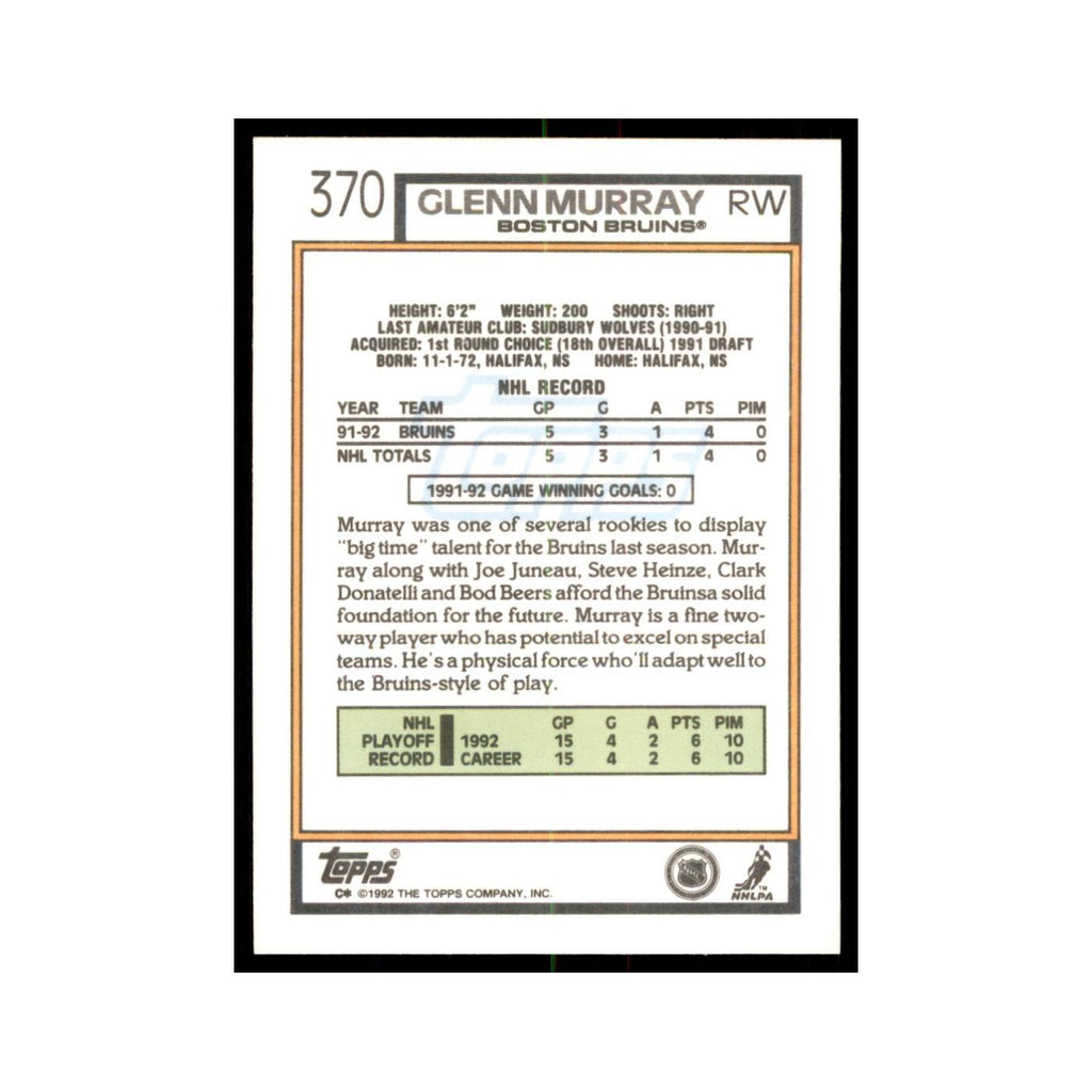 Glen Murray 1992 Topps #370 Hockey Cards Hockey Card NM
