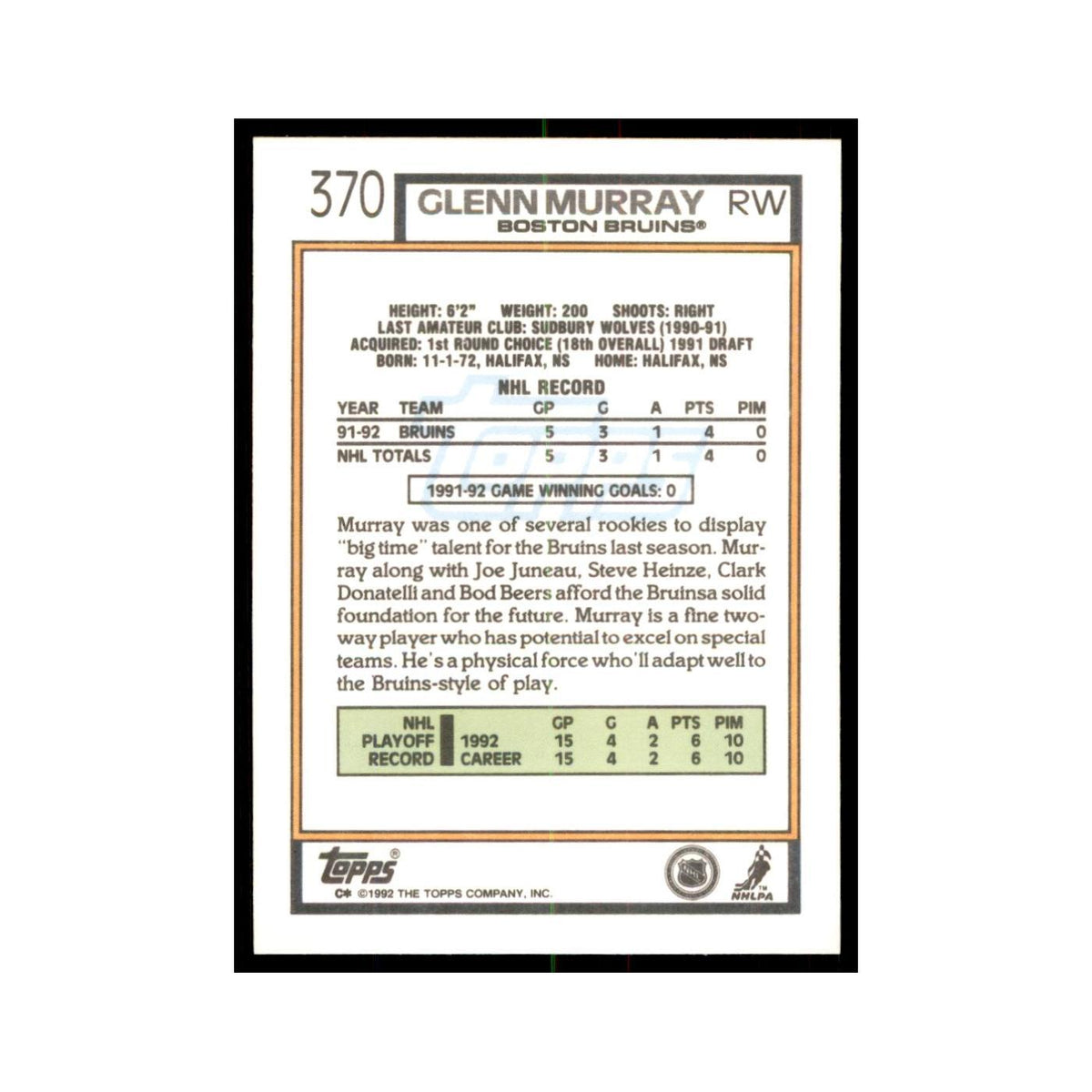 Glen Murray 1992 Topps #370 Hockey Cards Hockey Card NM