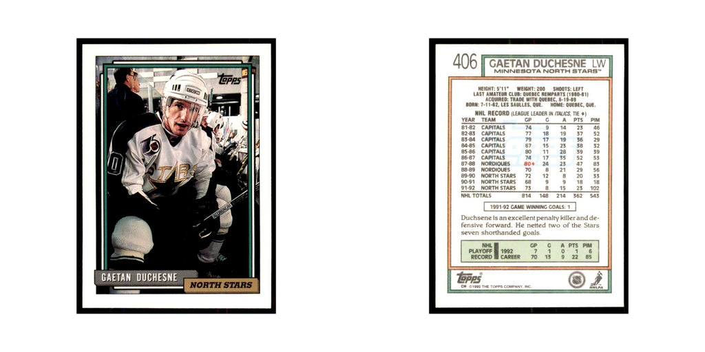 Gaetan Duchesne 1992 Topps #406 Hockey Cards Hockey Card NM