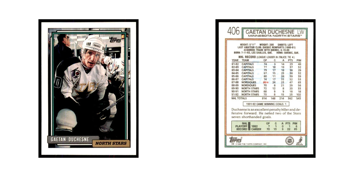 Gaetan Duchesne 1992 Topps #406 Hockey Cards Hockey Card NM