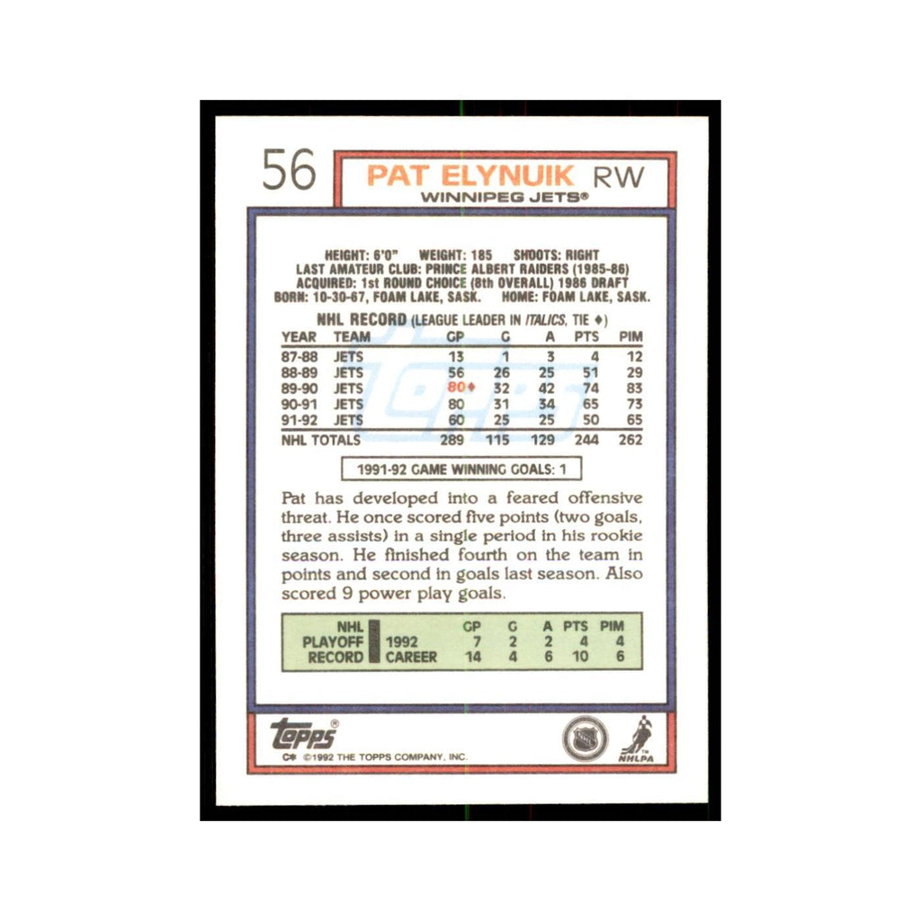 Pat Elynuik 1992 Topps #56 Hockey Cards Hockey Card NM