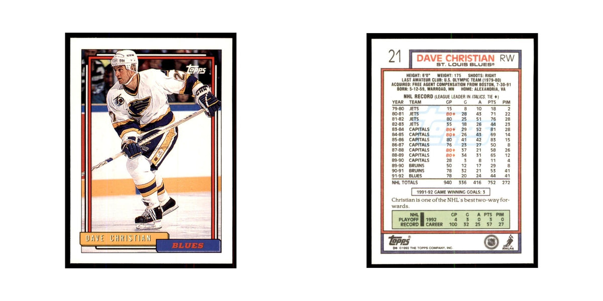 Dave Christian 1992 Topps #21 Hockey Cards Hockey Card NM