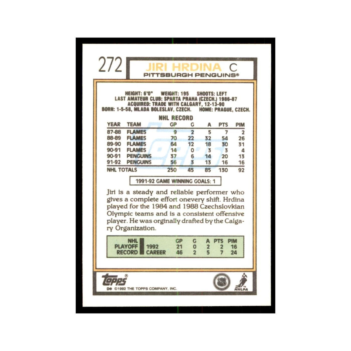 Jiri Hrdina 1992 Topps #272 Hockey Cards Hockey Card NM