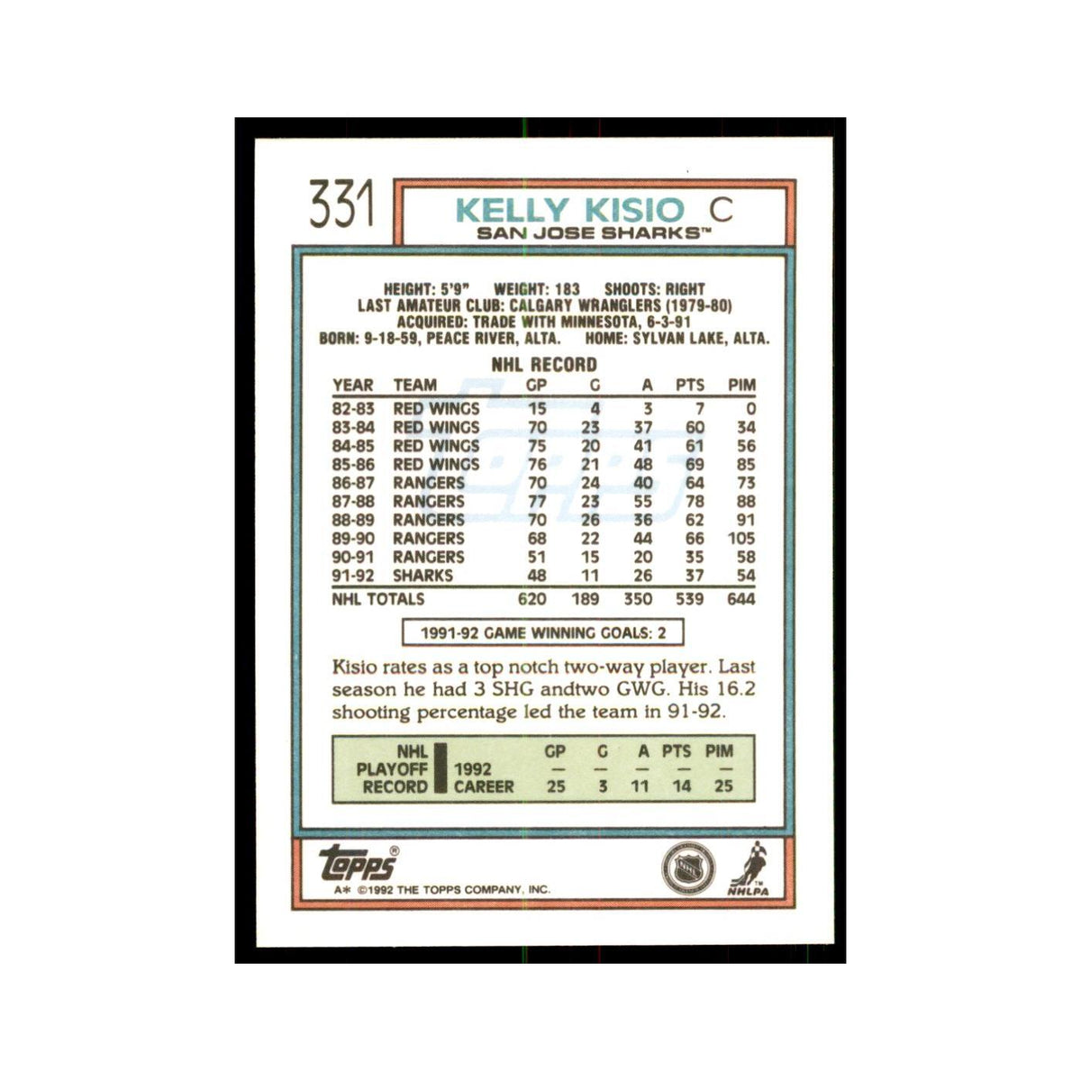 Kelly Kisio 1992 Topps #331 Hockey Cards Hockey Card NM