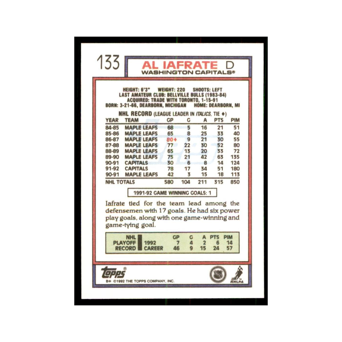 Al Iafrate 1992 Topps #133 Hockey Cards Hockey Card NM