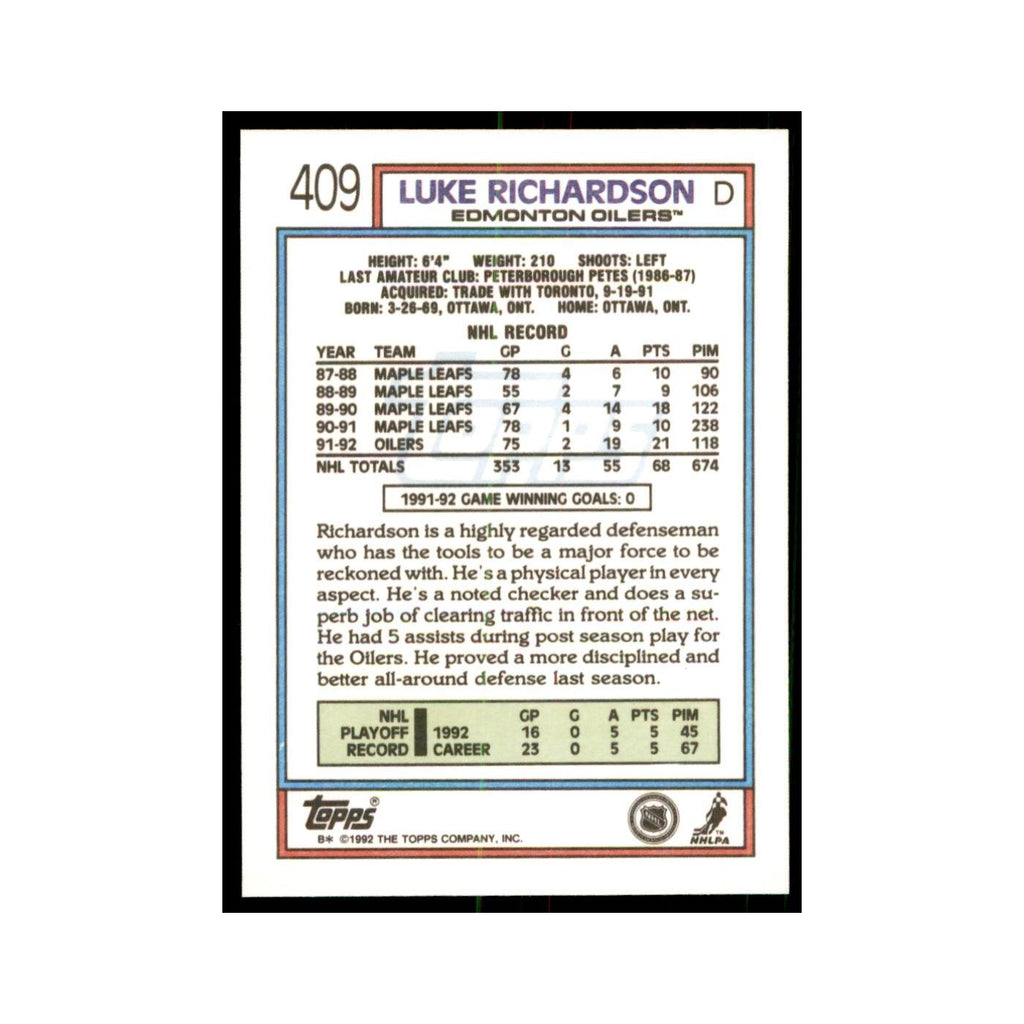 Luke Richardson 1992 Topps #409 Hockey Cards Hockey Card NM
