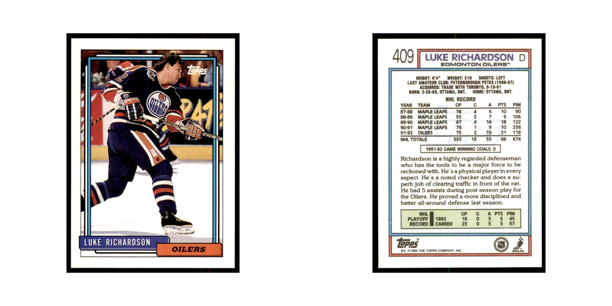 Luke Richardson 1992 Topps #409 Hockey Cards Hockey Card NM