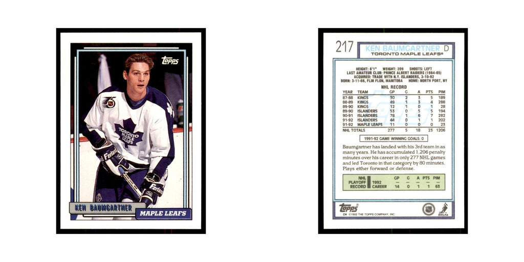 Ken Baumgartner 1992 Topps #217 Hockey Cards Hockey Card NM