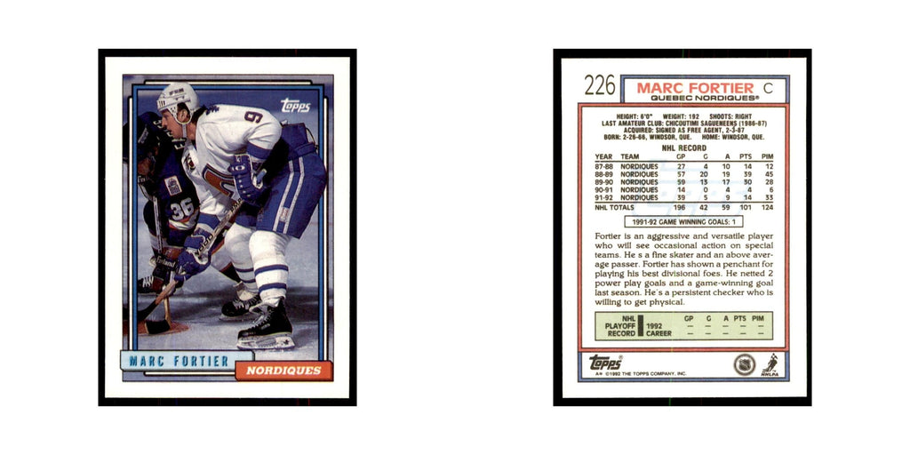 Marc Fortier 1992 Topps #226 Hockey Cards Hockey Card NM