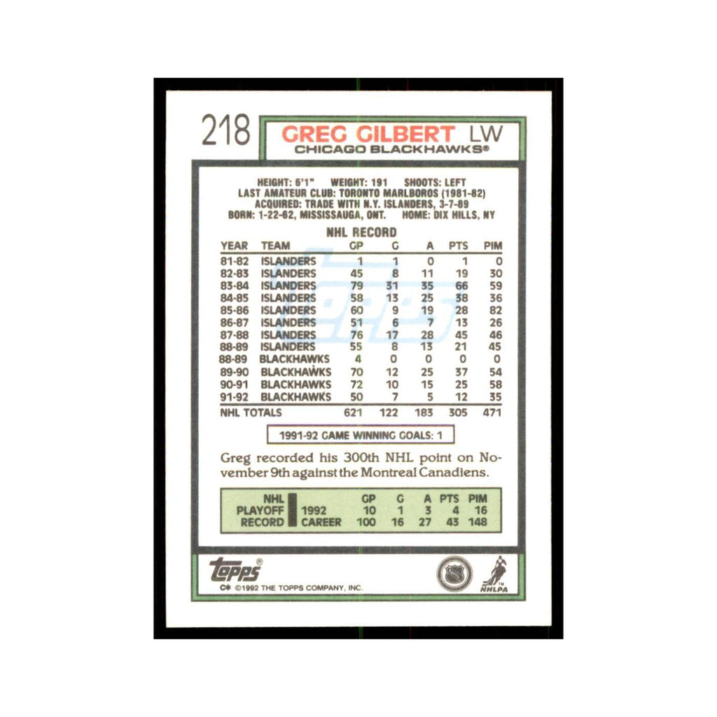 Greg Gilbert 1992 Topps #218 Hockey Cards Hockey Card NM