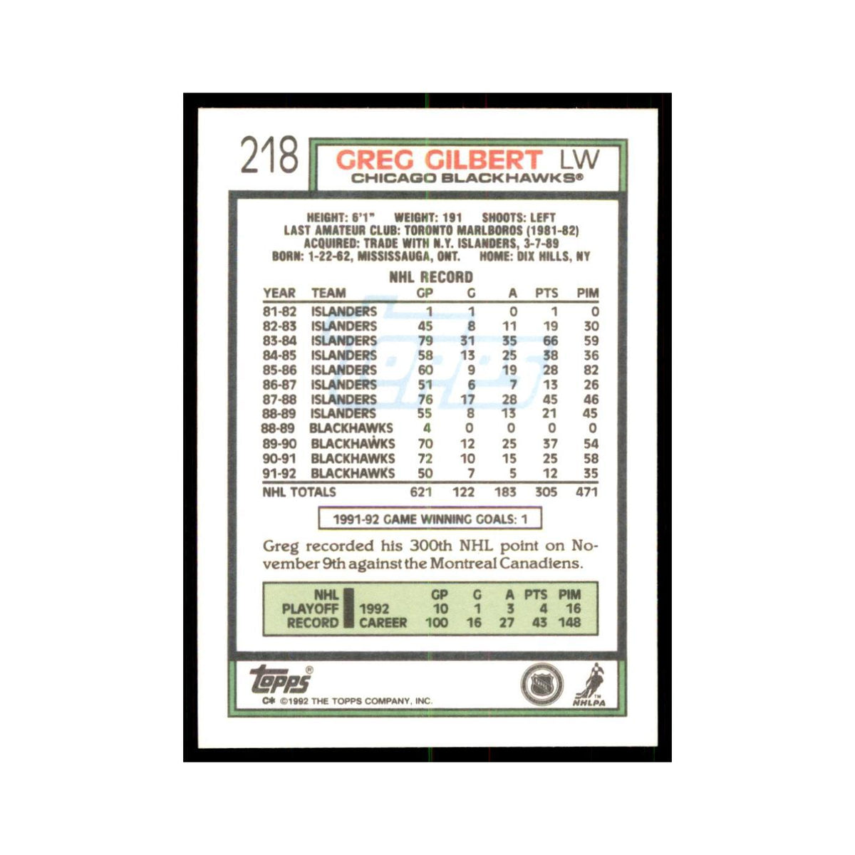 Greg Gilbert 1992 Topps #218 Hockey Cards Hockey Card NM