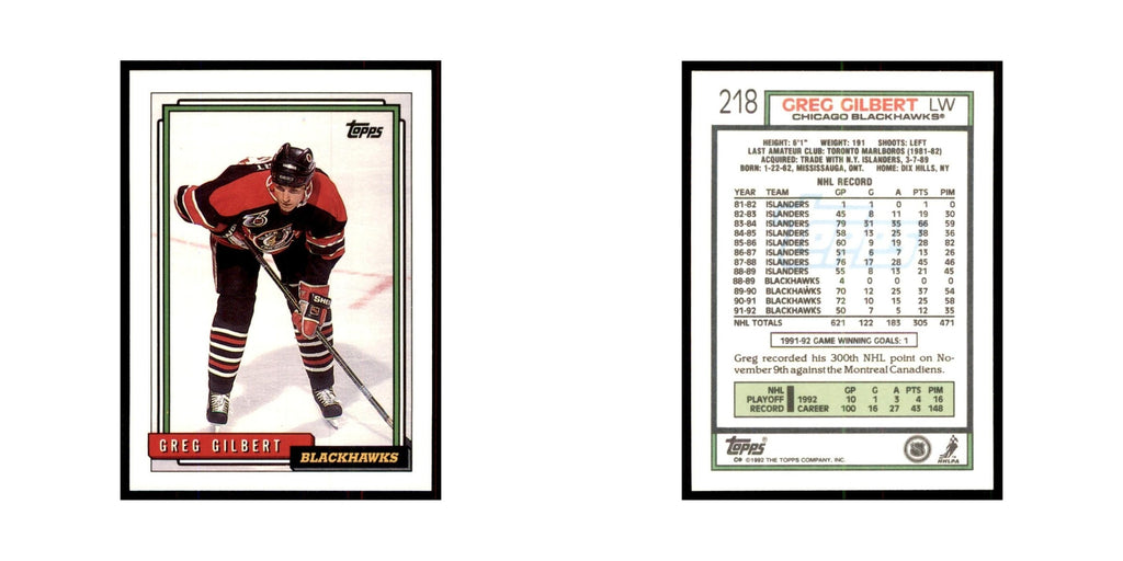 Greg Gilbert 1992 Topps #218 Hockey Cards Hockey Card NM