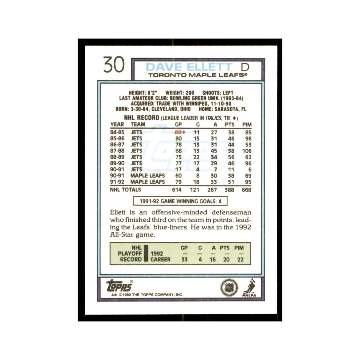 Dave Ellett 1992 Topps #30 Hockey Cards Hockey Card NM