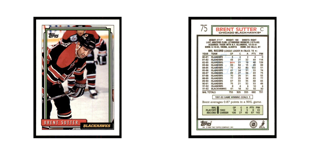 Brent Sutter 1992 Topps #75 Hockey Cards Hockey Card NM