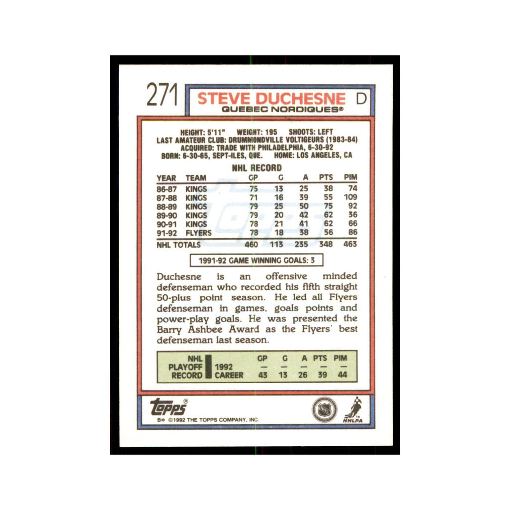 Steve Duchesne 1992 Topps #271 Hockey Cards Hockey Card NM