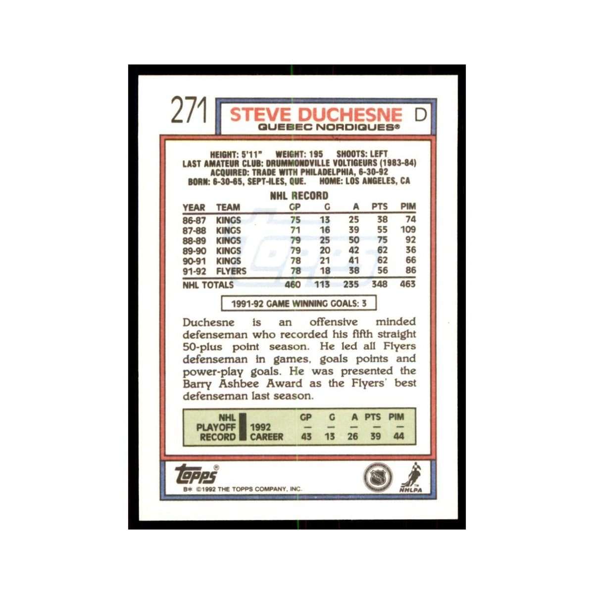 Steve Duchesne 1992 Topps #271 Hockey Cards Hockey Card NM