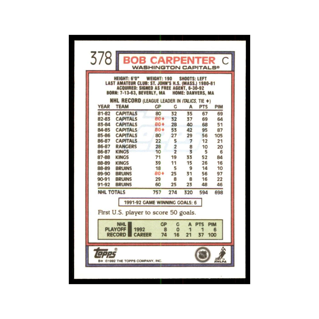 Bob Carpenter 1992 Topps #378 Hockey Cards Hockey Card NM