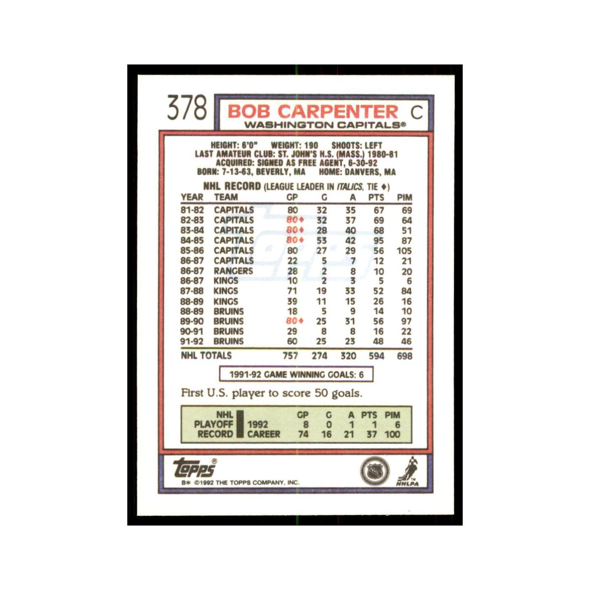 Bob Carpenter 1992 Topps #378 Hockey Cards Hockey Card NM
