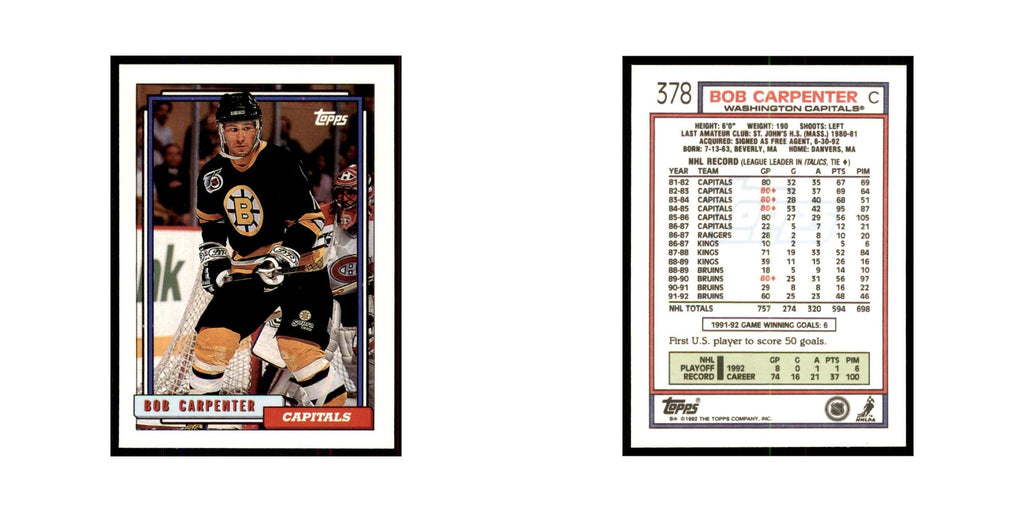 Bob Carpenter 1992 Topps #378 Hockey Cards Hockey Card NM
