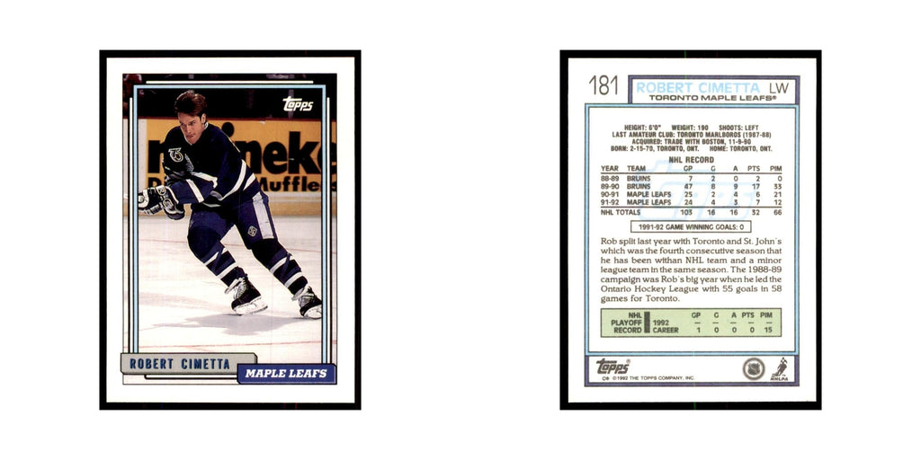 Robert Cimetta 1992 Topps #181 Hockey Cards Hockey Card NM