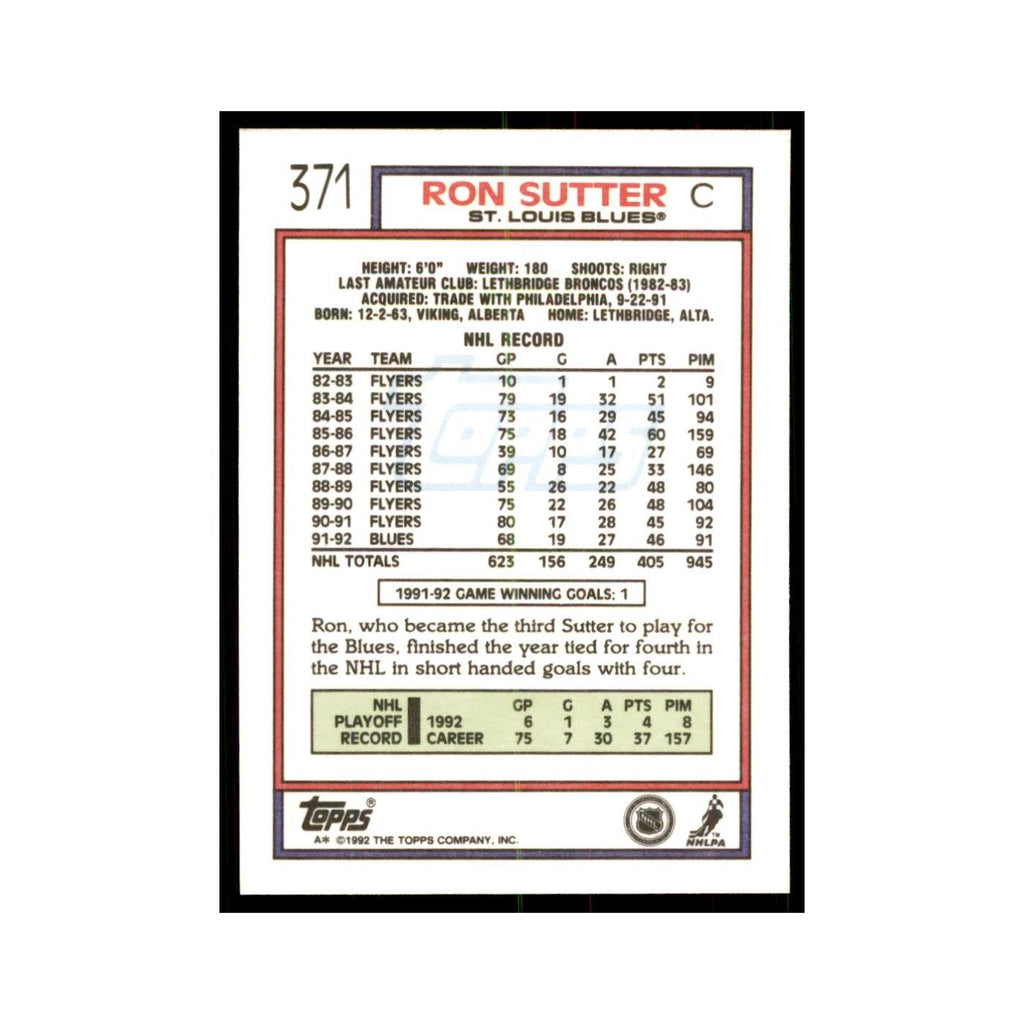 Ron Sutter 1992 Topps #371 Hockey Cards Hockey Card NM