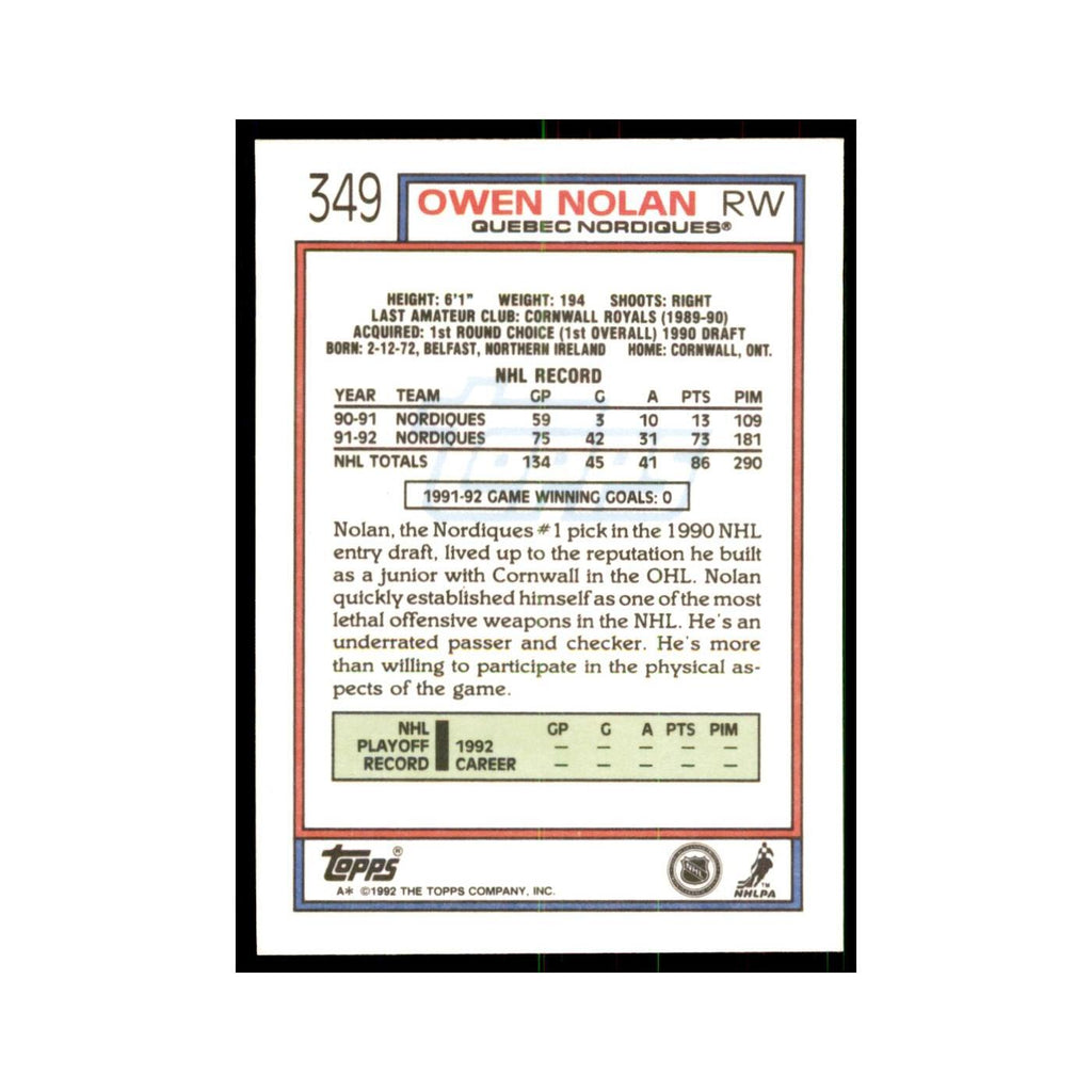 Owen Nolan 1992 Topps #349 Hockey Cards Hockey Card NM