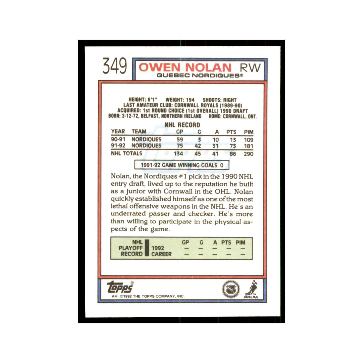 Owen Nolan 1992 Topps #349 Hockey Cards Hockey Card NM