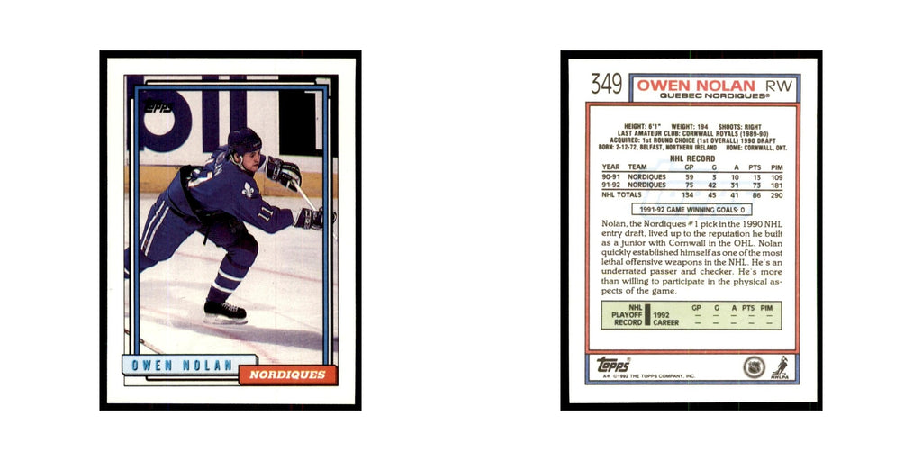 Owen Nolan 1992 Topps #349 Hockey Cards Hockey Card NM
