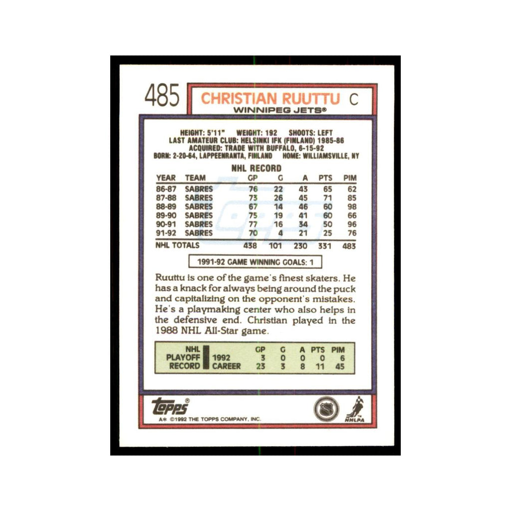 Christian Ruuttu 1992 Topps #485 Hockey Cards Hockey Card NM