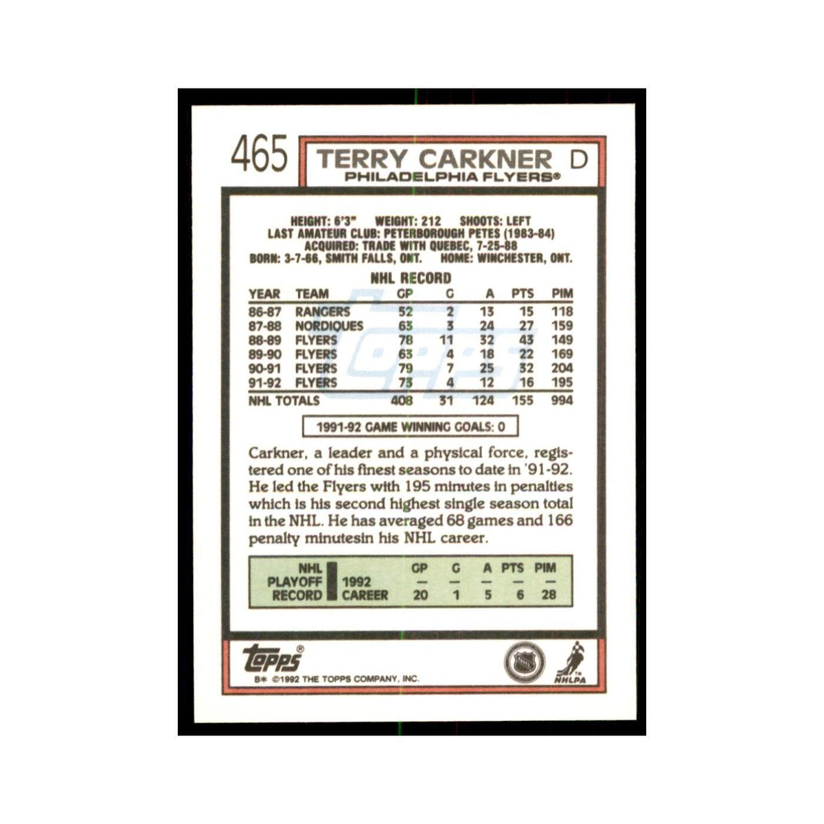 Terry Carkner 1992 Topps #465 Hockey Cards Hockey Card NM