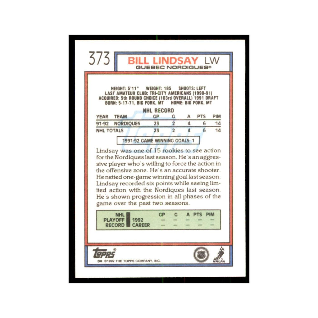 Bill Lindsay 1992 Topps #373 Hockey Cards Hockey Card NM