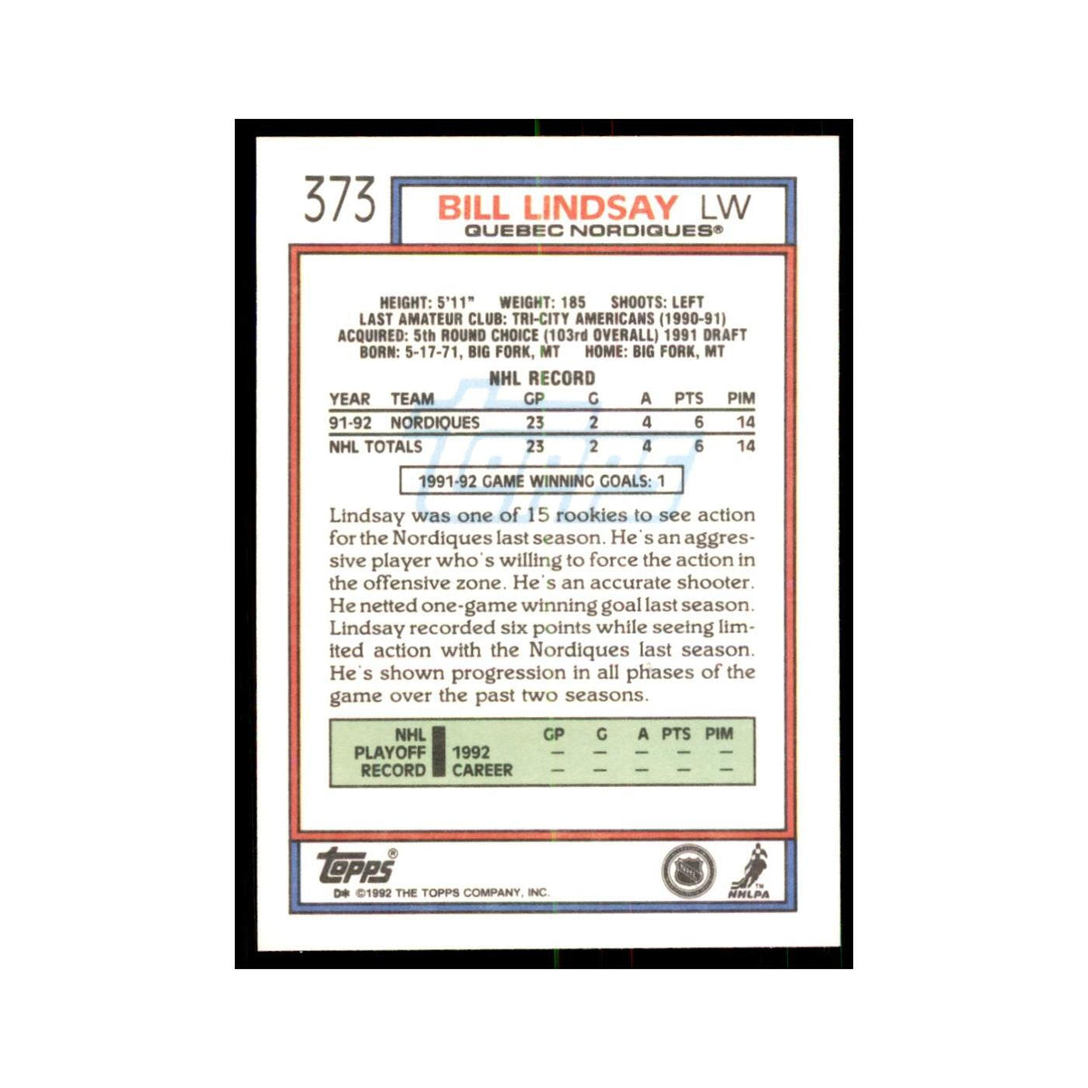Bill Lindsay 1992 Topps #373 Hockey Cards Hockey Card NM