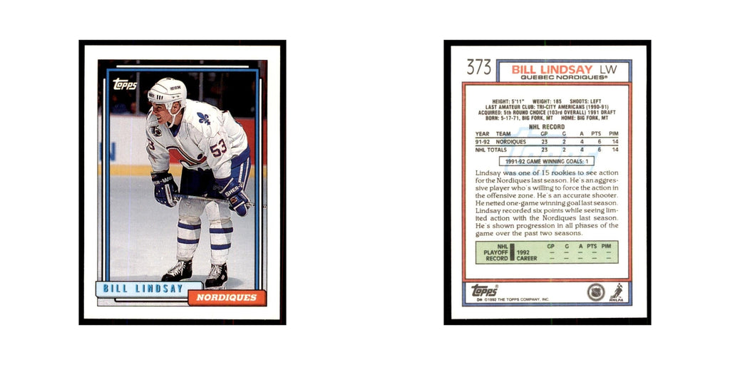 Bill Lindsay 1992 Topps #373 Hockey Cards Hockey Card NM