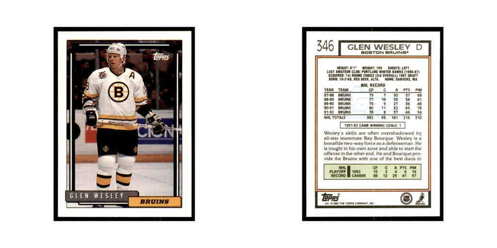 Glen Wesley 1992 Topps #346 Hockey Cards Hockey Card NM
