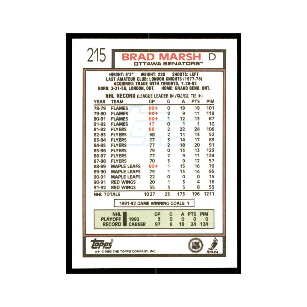 Brad Marsh 1992 Topps #215 Hockey Cards Hockey Card NM
